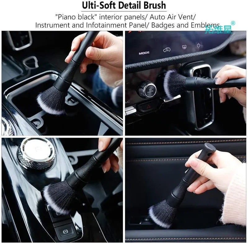 Black ultra-soft pig hair car detailing brush for interior dashboard and vent cleaning
