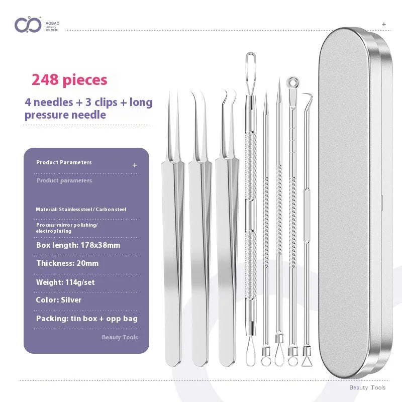 Four silver metal acne needles with pointed tips for skincare extraction.