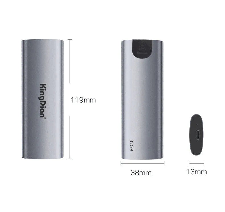 Grey mobile SSD external hard drive with USB 3.0 interface measuring 119mm x 38mm x 13mm