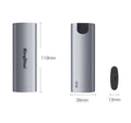 Grey mobile SSD external hard drive with USB 3.0 interface measuring 119mm x 38mm x 13mm