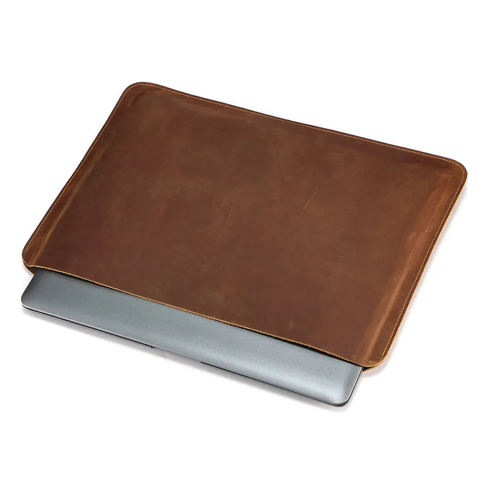 Genuine crazy horse leather computer organiser liner bag for men in brown, showing medium and large size options.
