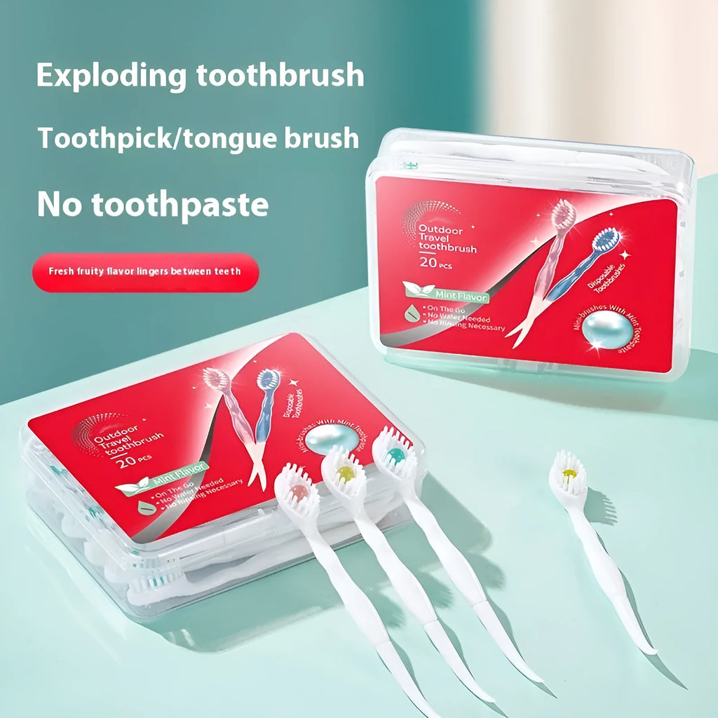 Box of 20 mint flavour disposable chewable bead toothbrushes for travel.