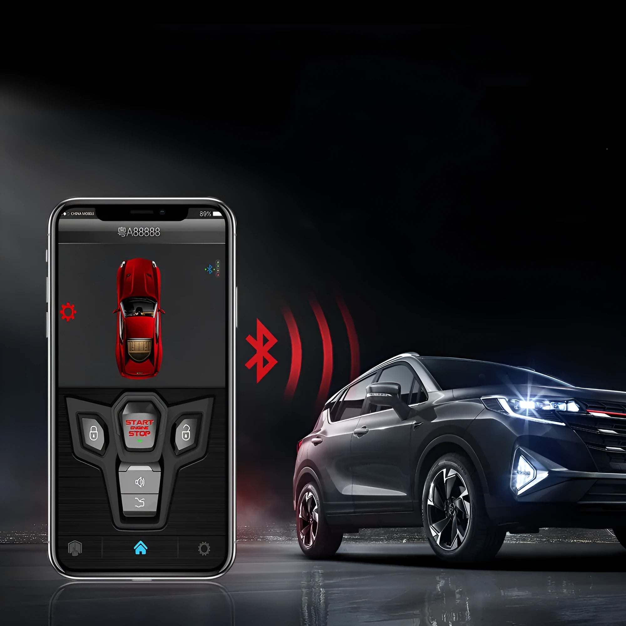One-way car alarm system with red and frosted black casing, includes two remote controls for 3000 metre vehicle security