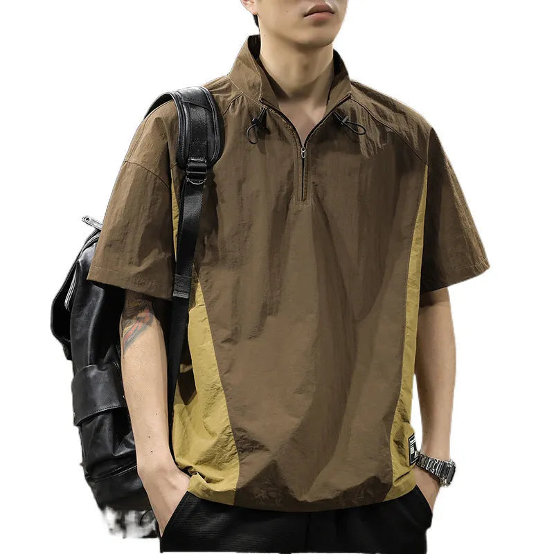 Men's brown half-zip stand collar business shirt with short sleeves and loose fit for summer