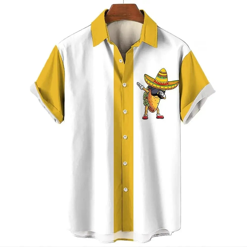 Man wearing a striped short-sleeve Hawaiian shirt made from elastic polyester fabric.