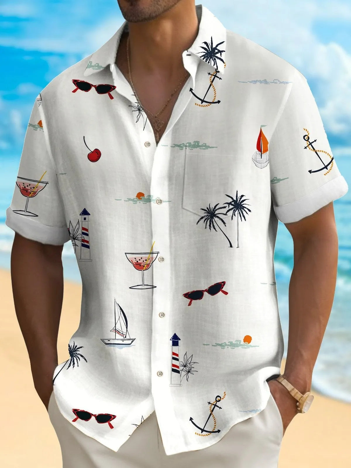 Men's loose fit short sleeve Hawaiian shirt with a colourful digital print pattern on polyester fabric.