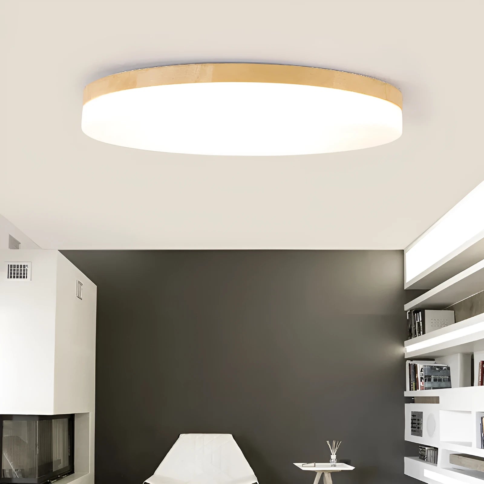 Japanese minimalist style ceiling lamp with a natural wood art body and a white acrylic diffuser shade.