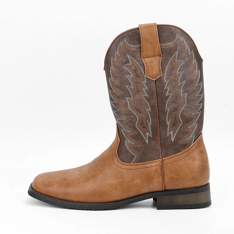 Men's western denim square toe motorcycle boots in black artificial leather with mid-calf length
