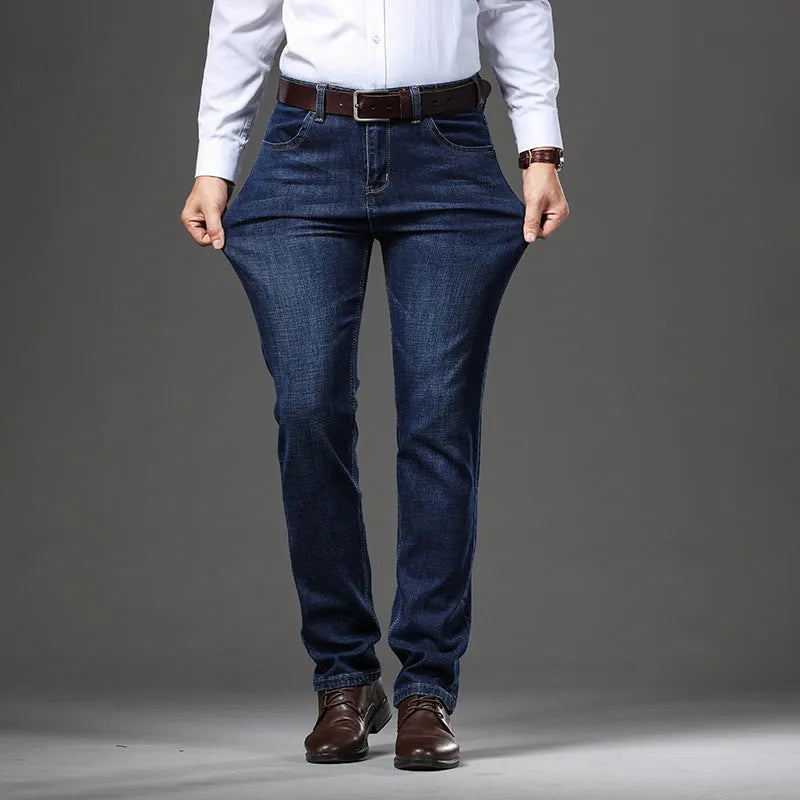 Women's black and blue stretch denim jeans with straight leg design for business casual plus size wear