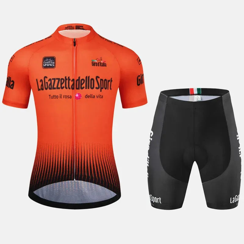 Unisex short sleeve cycling suit in row pattern design, made from quick-dry polyester fabric.