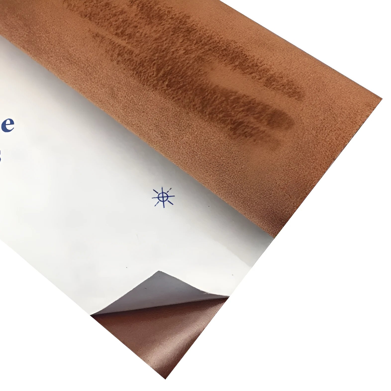 Self-adhesive suede fabric sheet in beige colour with adhesive backing visible, showing size options for interior decoration.