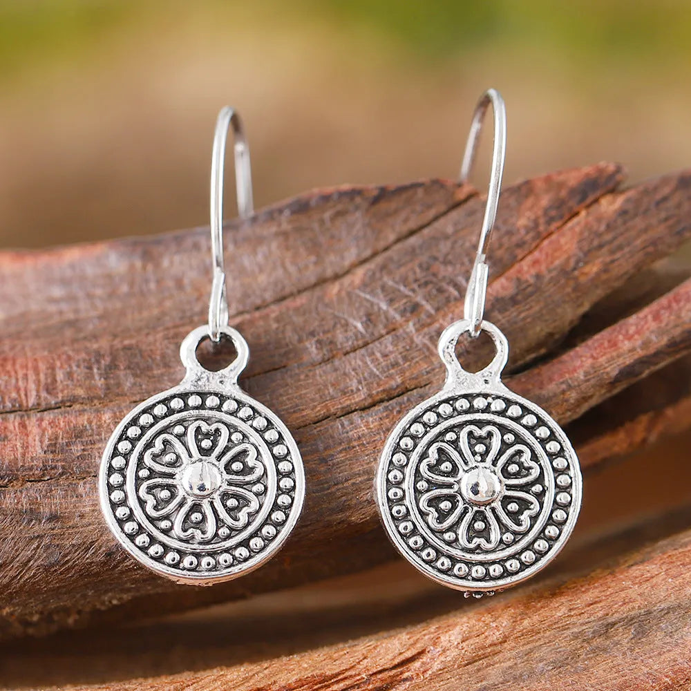 Bohemian retro geometric earrings with distressed ethnic design and electroplated finish in zinc alloy