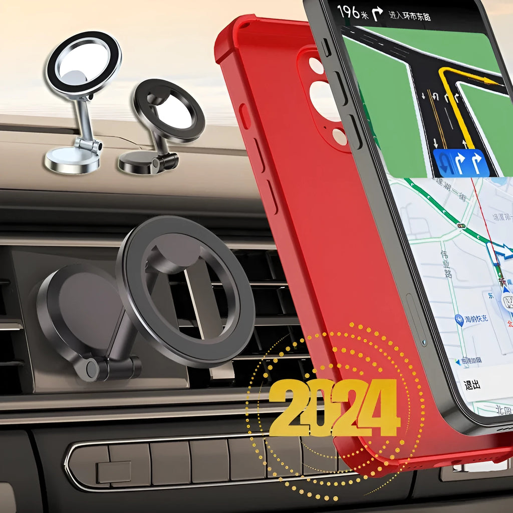 All-metal magnetic car phone mount with foldable arms in Qian colour on dashboard