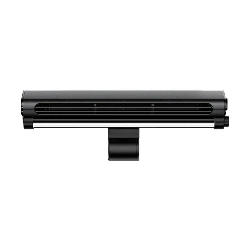 Black bladeless USB clip fan with LED light mounted on laptop screen showing compact design