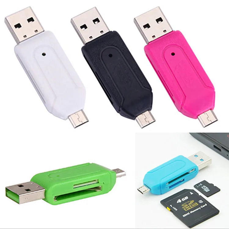 USB 2.0 OTG card reader for SD and TF memory cards in white, pink, green, blue, and black colours
