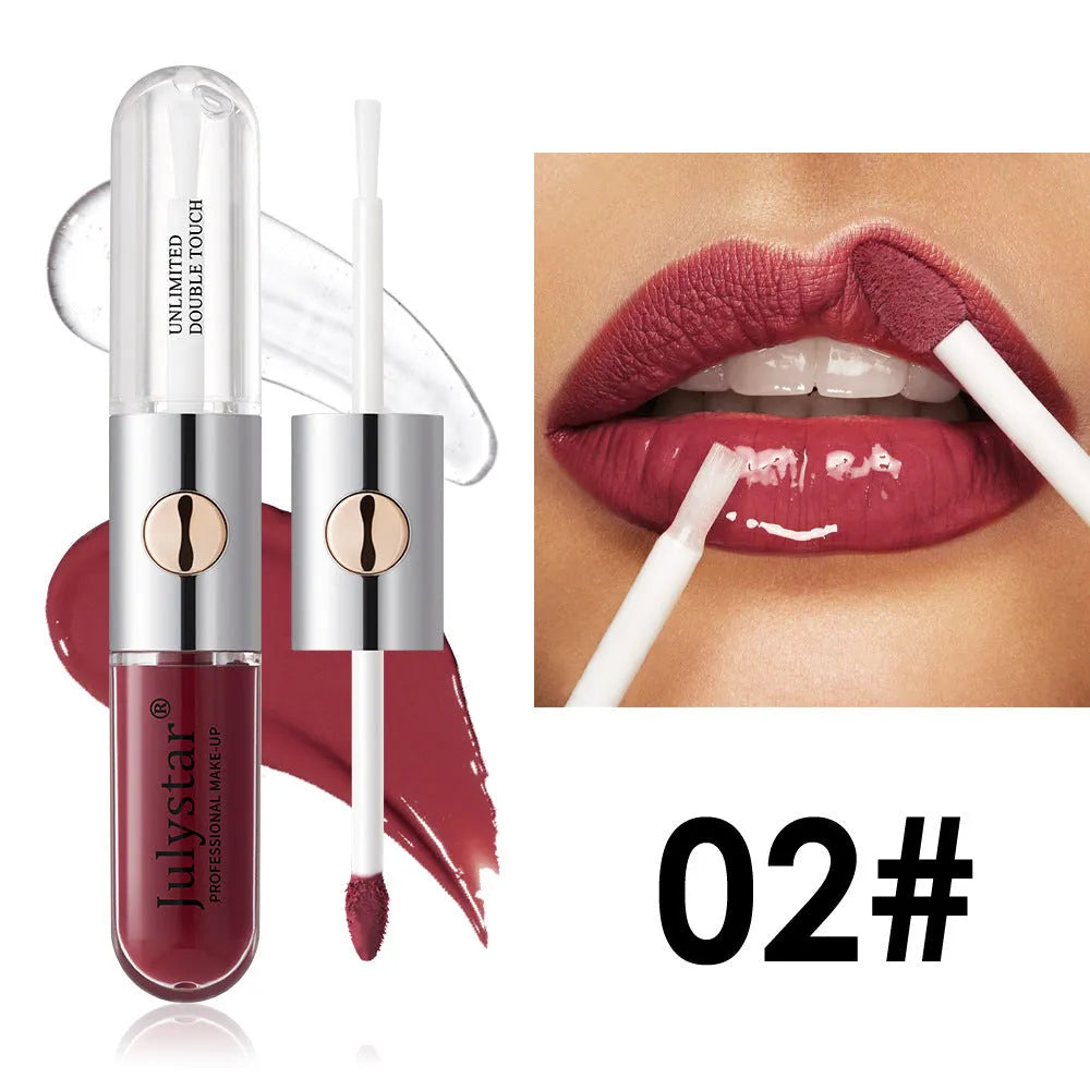 Women's lasting lip gloss tube showing available colours with 6ml moisturising formula