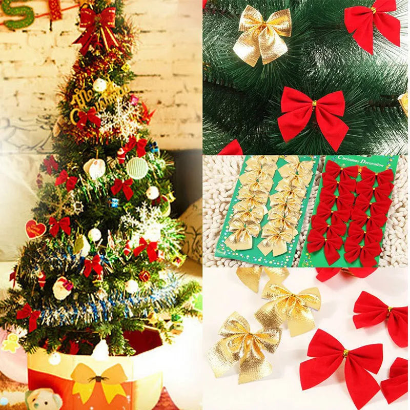 Single 5 cm polyester Christmas decoration bow in a choice of gold, red, red-gold, or silver colours.