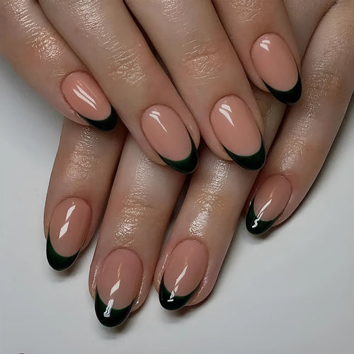 24 black French style artificial nails with almond shape arranged in set