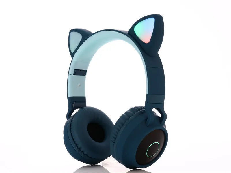 Cartoon-style wireless Bluetooth headset with cat ears, shown in a choice of five colours including green and pink.