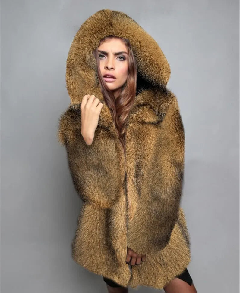 Women's silver grey artificial fur coat with loose fit and medium length design