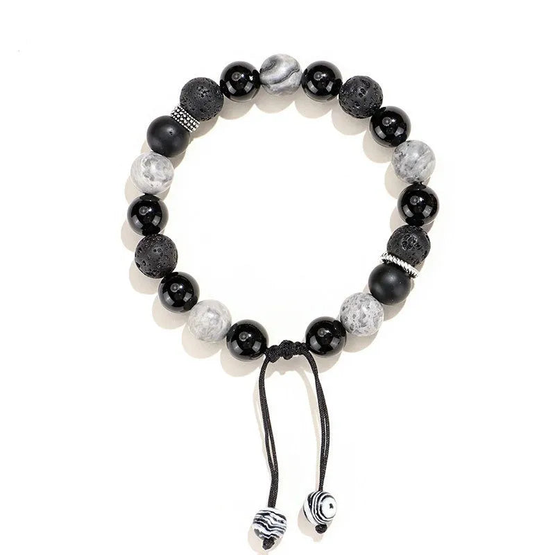 Black agate map stone volcanic rock bracelet with diamond design in 10mm and 8mm sizes