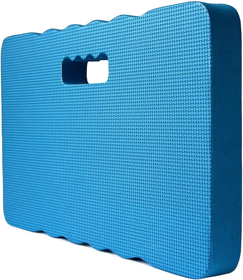 Blue plastic garden kneeler mat on grass, showing dimensions for comfortable kneeling while gardening.