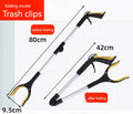 Foldable aluminium garbage clamp showing extended and folded positions with magnetic sucker and coloured handle options
