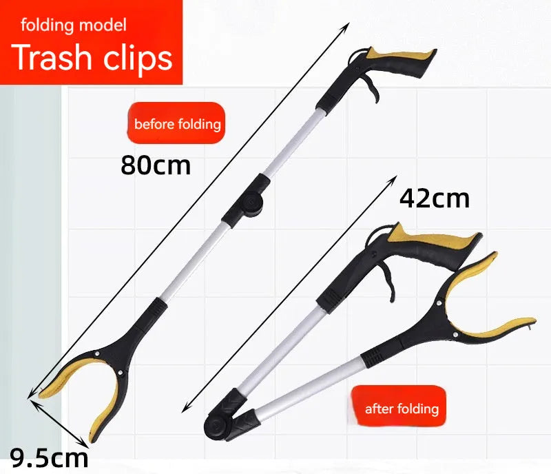 Foldable aluminium garbage clamp showing extended and folded positions with magnetic sucker and coloured handle options