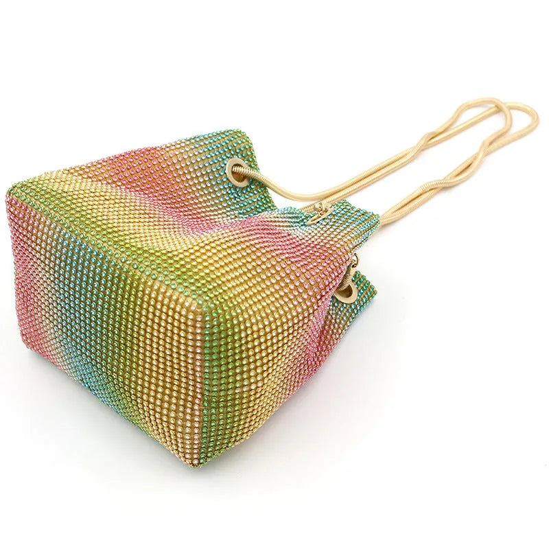 Rainbow coloured rhinestone sparkling soft fabric bucket bag with crossbody strap