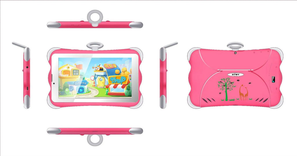 7-inch children's learning tablet with protective stand shown in cartoon blue colour displaying educational content