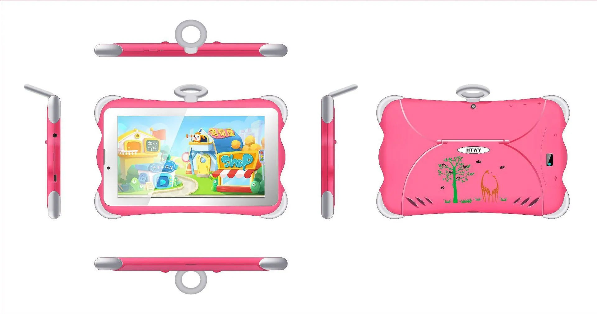 7-inch children's learning tablet with protective stand shown in cartoon blue colour displaying educational content