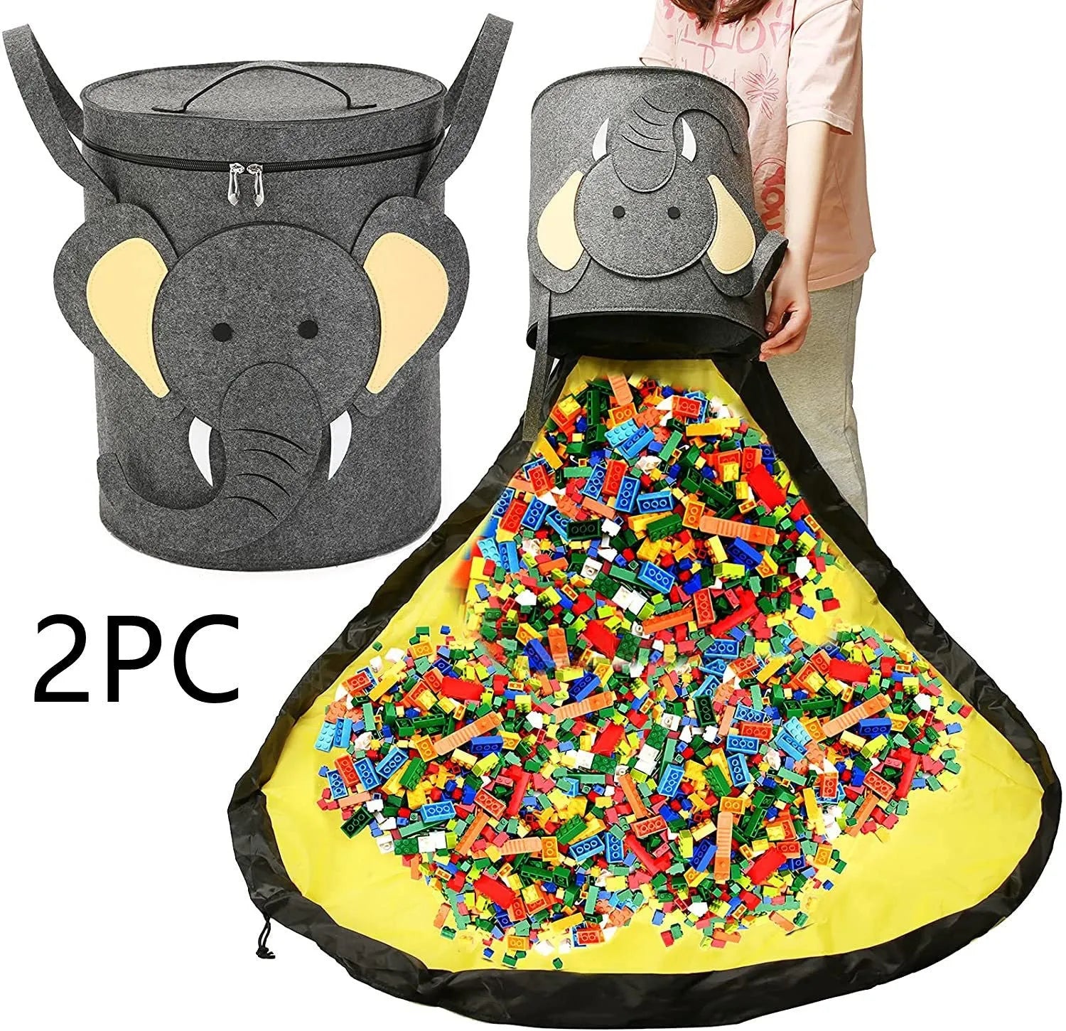 Green felt cube storage bag with a pull rope, laid flat as a play mat.