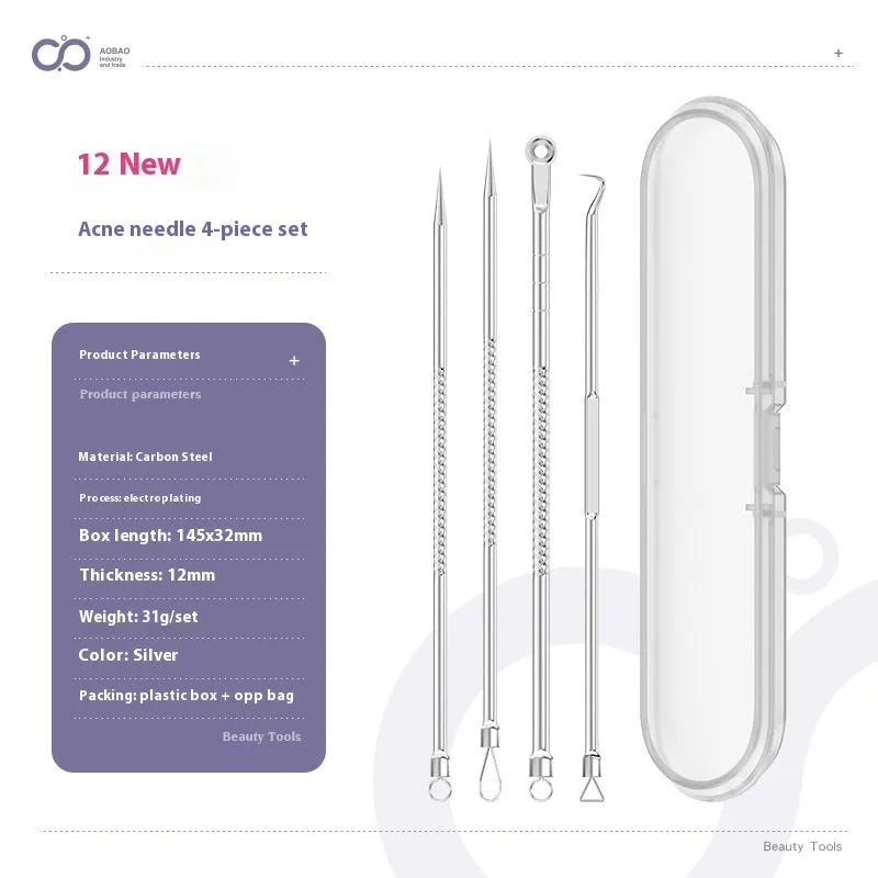 Four silver metal acne needles with pointed tips for skincare extraction.