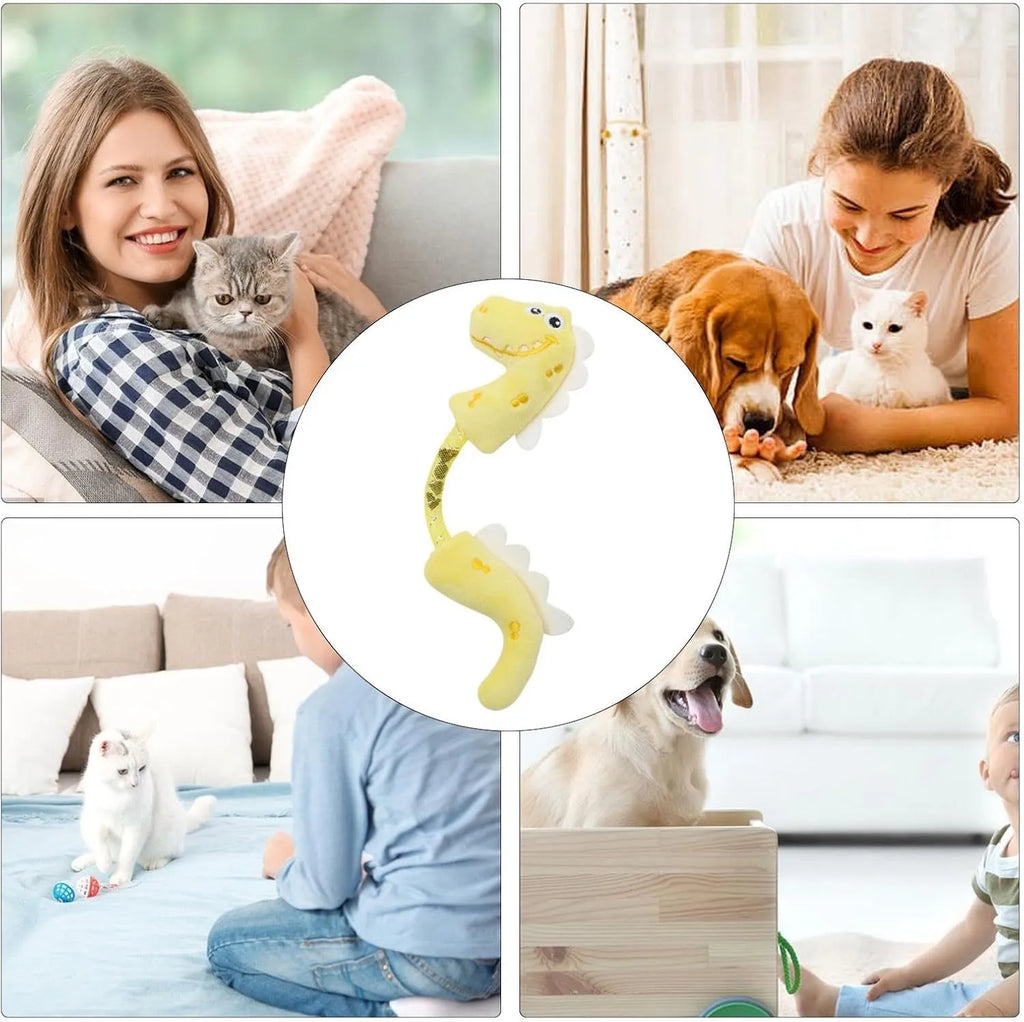 Set of four cat toys including chew toys, springs, rope toys, and kicker toys in pink, purple and yellow colours
