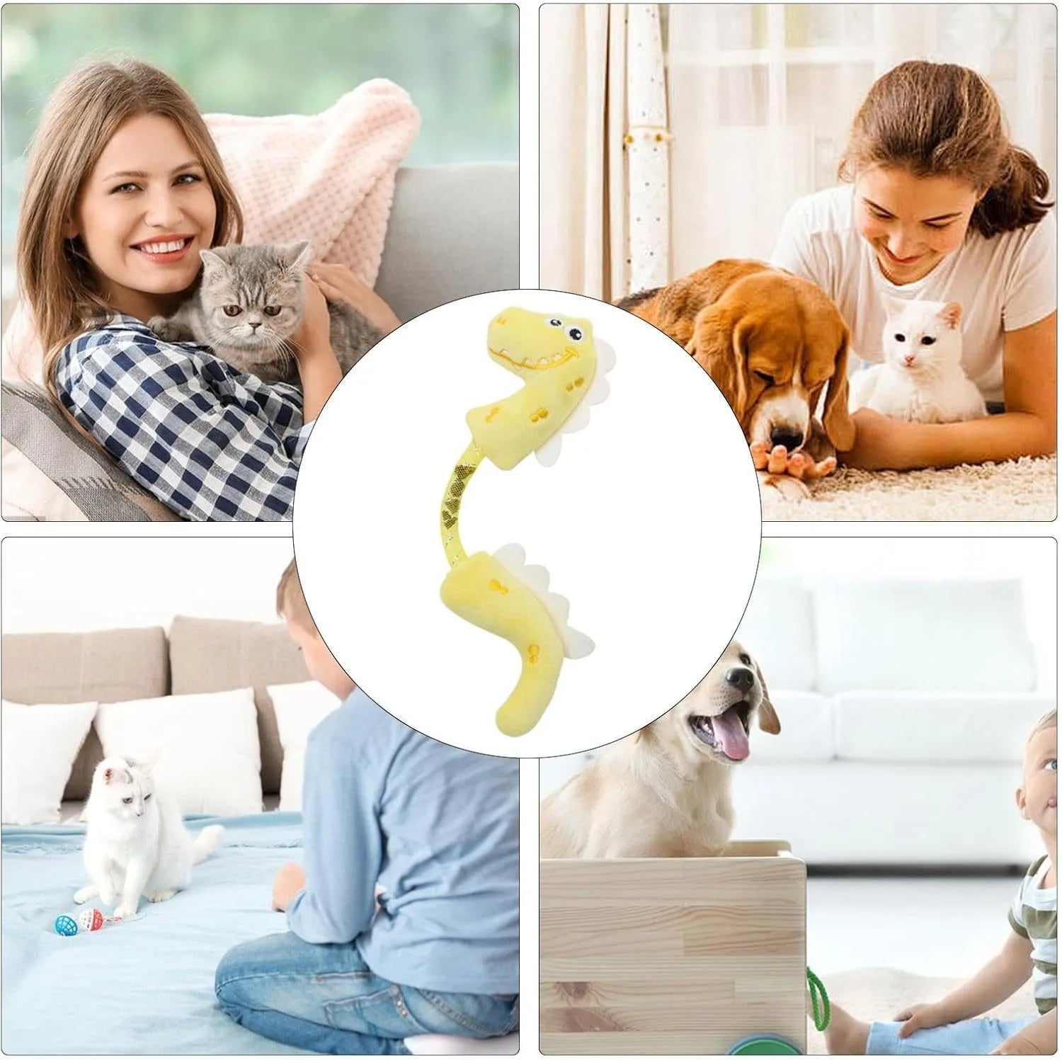 Set of four cat toys including chew toys, springs, rope toys, and kicker toys in pink, purple and yellow colours