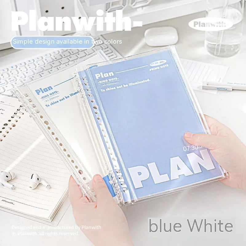 Clear PVC A5 notebook cover showing spiral binding slot and document pockets in white and blue colour options