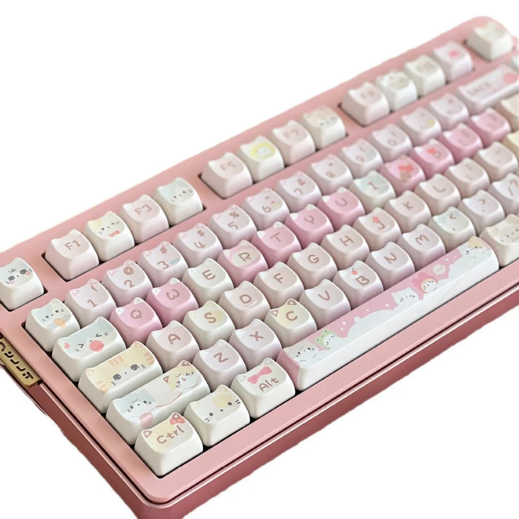 Meow Meow Team tall five-sided dye-sublimation 141-piece mechanical keyboard keycap set laid out.