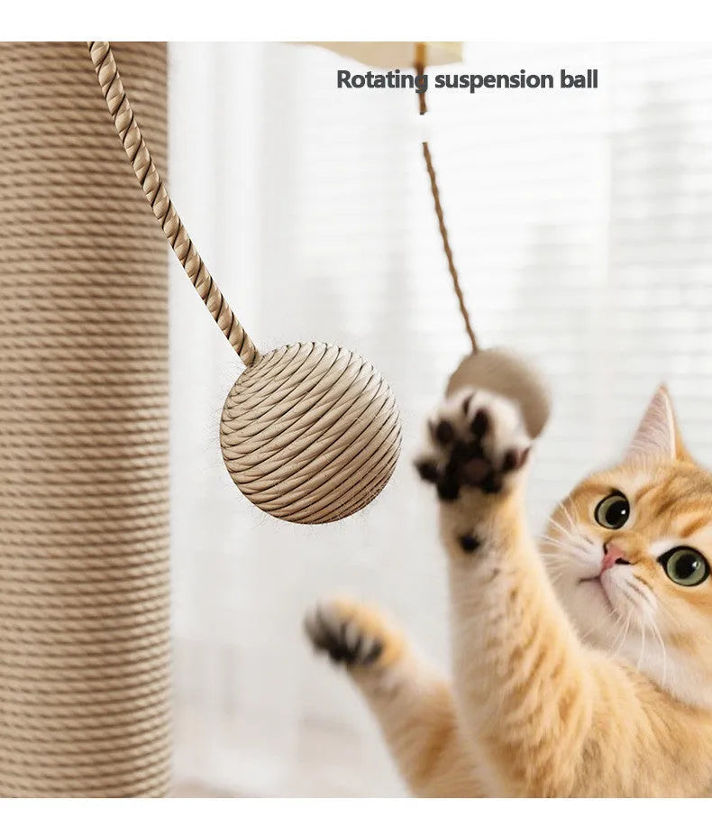 Windmill colour cat climbing frame with hanging ball toy on pine wood structure with carpet leather surfaces