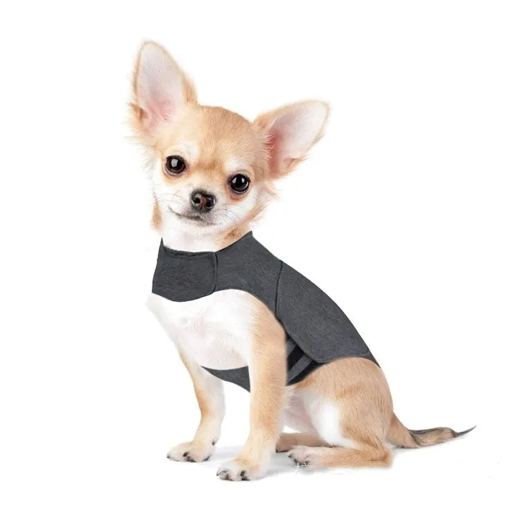 Heather grey dog anxiety jacket vest for medium dogs 12-18kg, made from brocade cotton ponte-de-roma fabric.