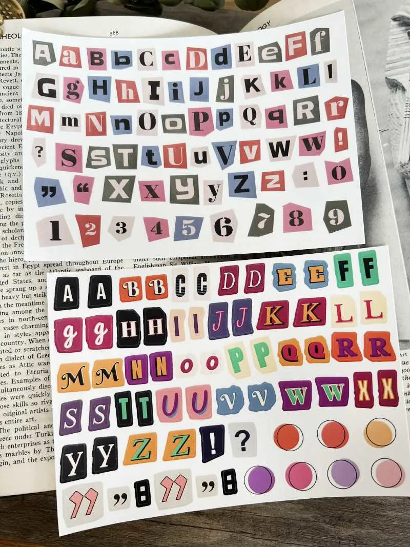 Decorative sticker sets showing English letters, numbers, and week words in colourful printed designs for crafting and labelling