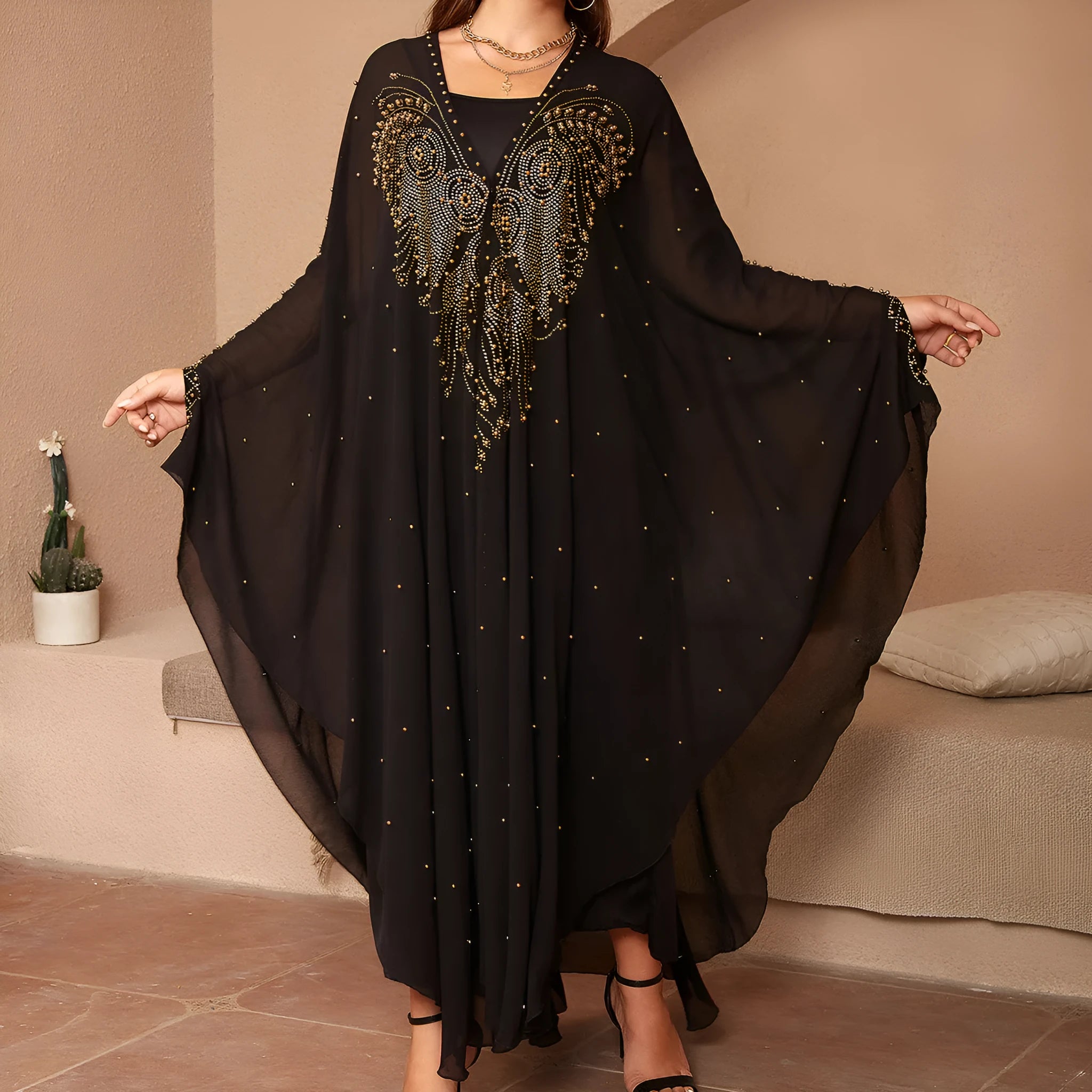 Purple chiffon cape shawl with rhinestone beading, shown draped, for women's modest wear