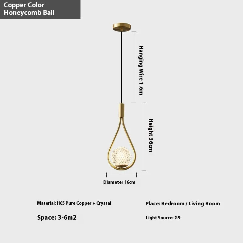 Copper modern minimalist bedside chandelier with tricolor light source option for bedroom lighting