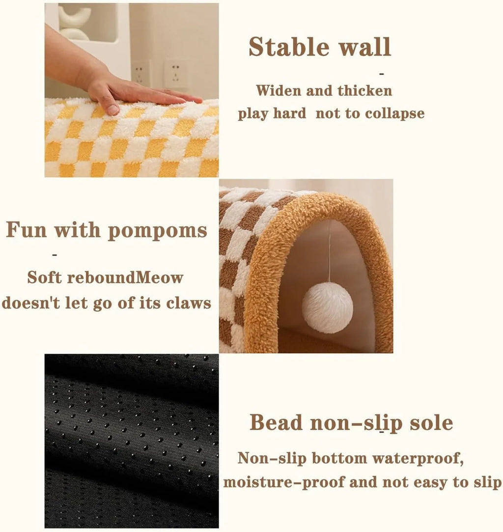 Brown plaid cat tunnel bed with central mat, showing non-slip bottom and large XL size.
