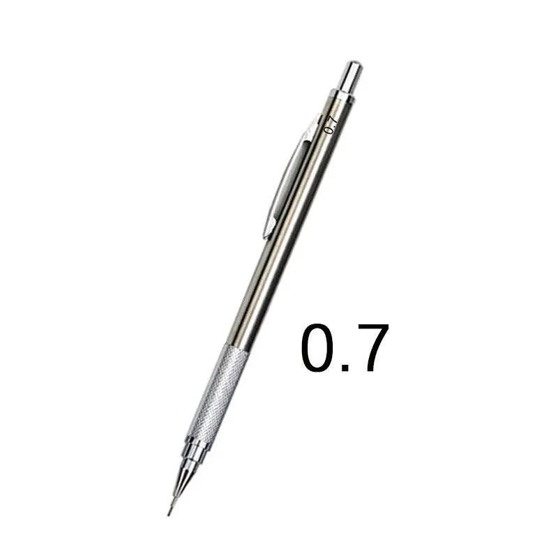 Metal automatic mechanical pencil shown with selection of compatible lead sizes including 0.5mm and 2.0mm.
