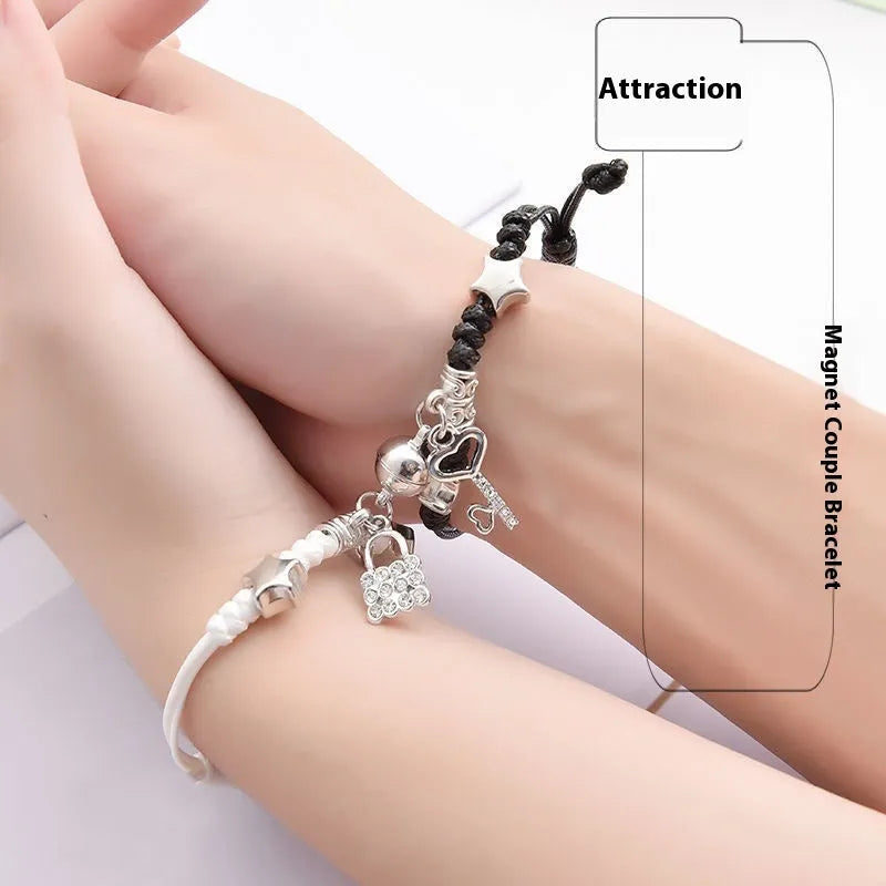 Magnetic couple bracelets with crown and diamond designs in alloy electroplated construction
