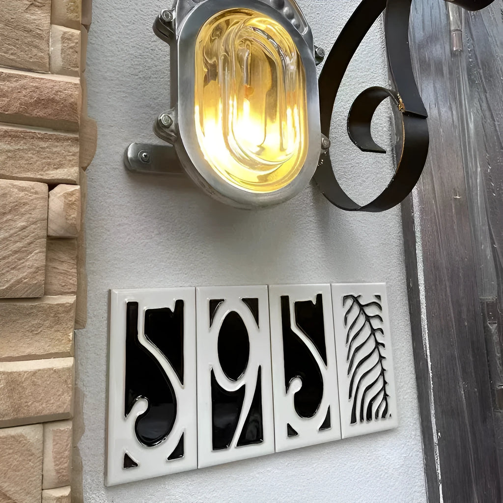 Handmade ceramic retro door number plate with blue enamel art, showing the number 5.