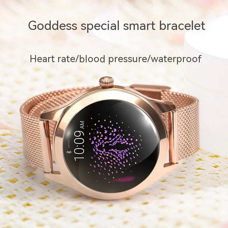 Women's sports smartwatch with heart rate monitoring on wrist showing black colour option