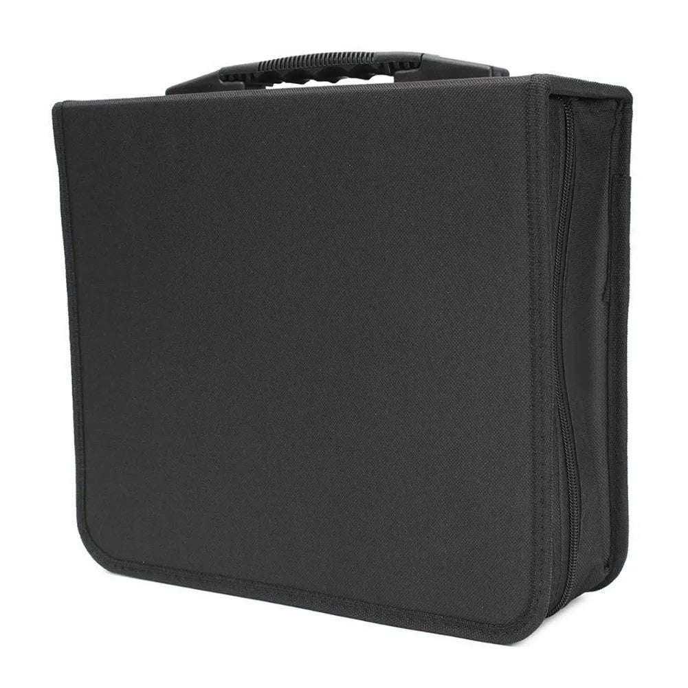 Black Oxford fabric CD DVD storage binder organiser with a hand strap and zipper, showing its capacity for hundreds of discs.