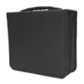 Black Oxford fabric CD DVD storage binder organiser with a hand strap and zipper, showing its capacity for hundreds of discs.