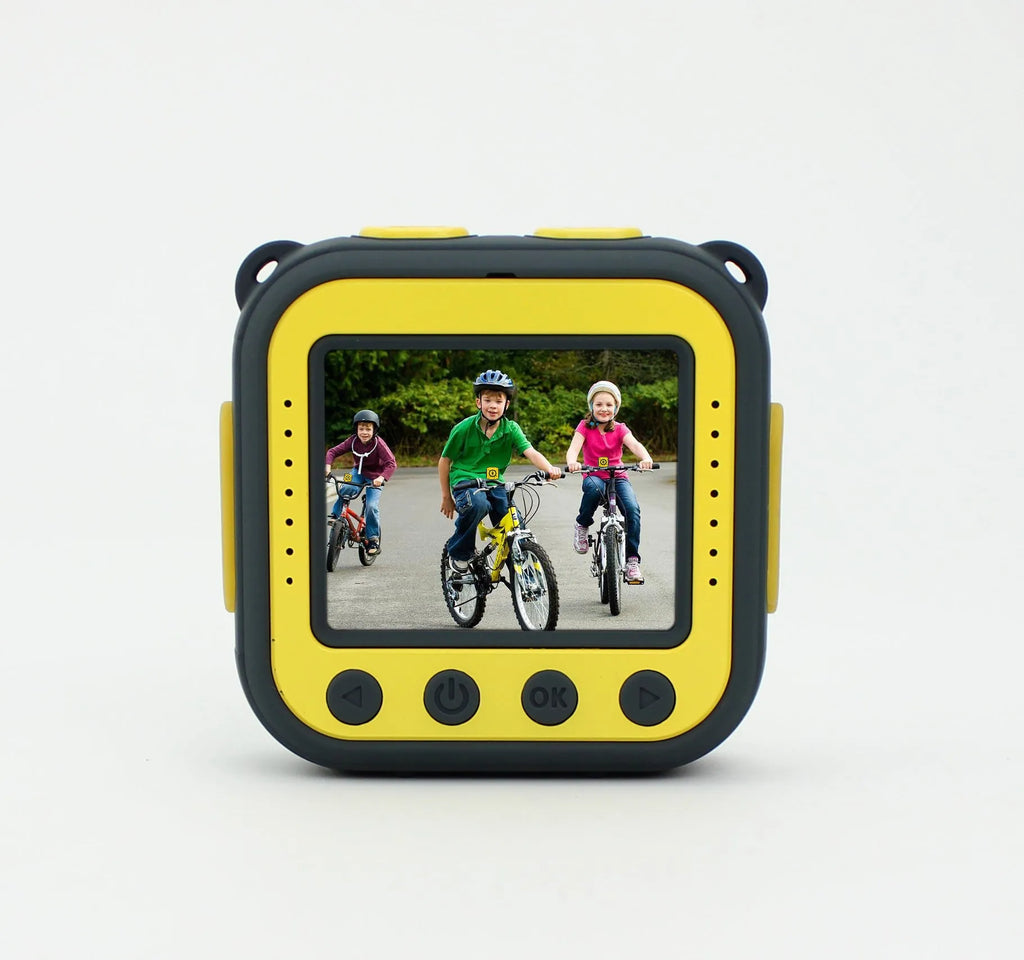 Yellow children's waterproof sports camera with LCD screen showing HD video recording.